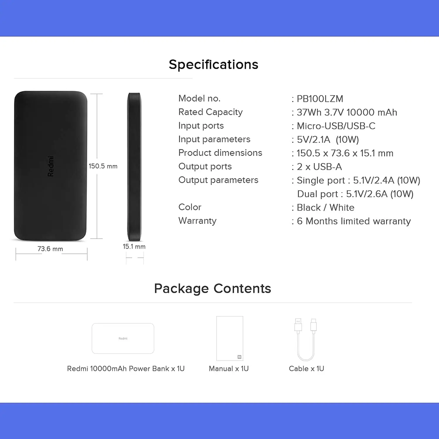 پاوربانک شیائومی Redmi PB100LZM ظرفیت 10000 با کابل